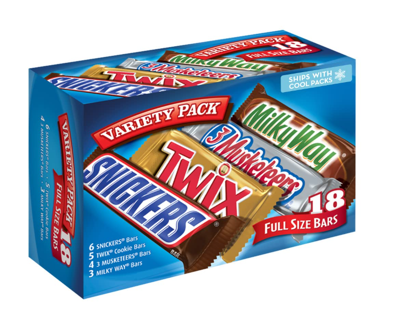 SNICKERS, TWIX, MILKY WAY & 3 MUSKETEERS Individually Wrapped Variety Pack Full Size Milk Chocolate Candy Bars Bulk Assortment, 33.31 oz, 18 Bars
